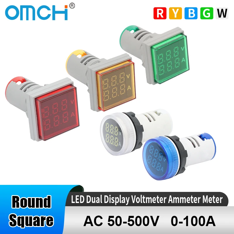 OMCH 1PCS 22MM AC 50-500V 0-100A Round/Suqare Mini LED Dual Digital Display Meter Volt Amp Tester Detector