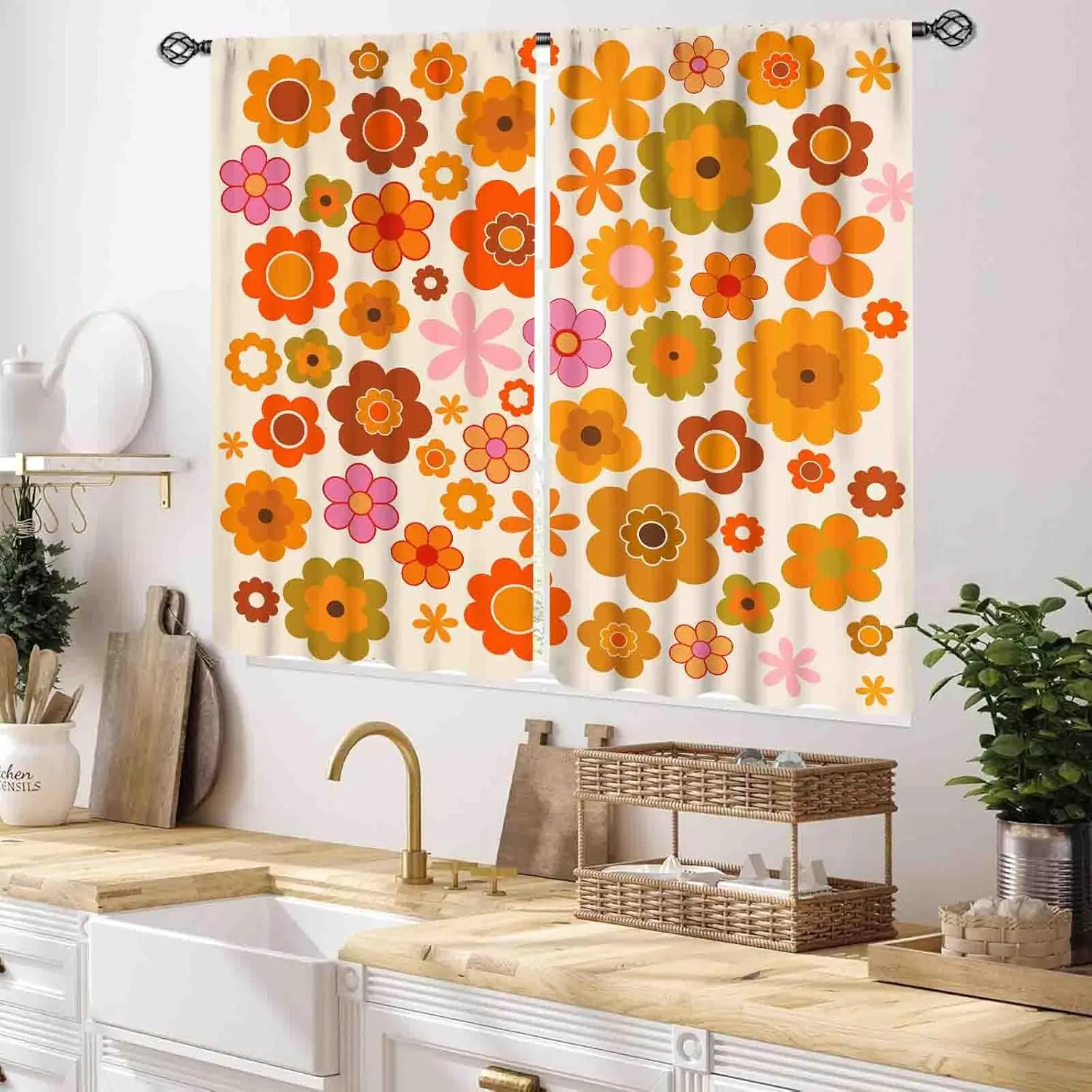 Retro Floral Curtains, Retro 70s Groovy Funky Hippie Cute Boho Orange Flower Aesthetic Farmhouse Window Drapery Treatments for