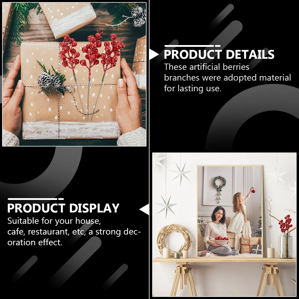 

24pcs Sequin Red Berries Artificial Branches For Christmas Tree Decoration Home Xmas Party Banquet Arrangements Simulation Berry