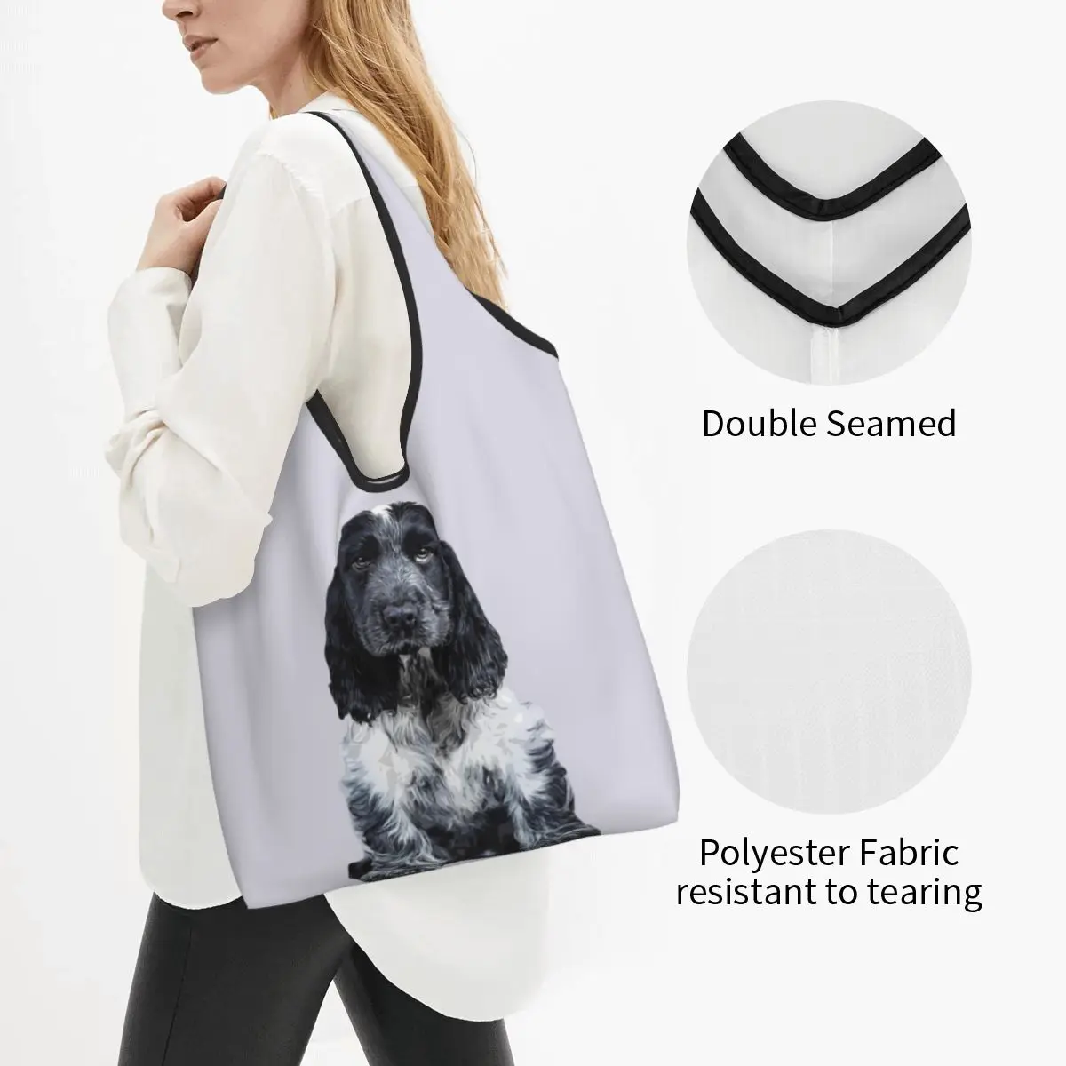 Cocker Spaniel Blue Roan Puppy Dog Portable Tote Shopping Bags Large Capacity Shopper Bag Groceries Handbag Shoulder Bag