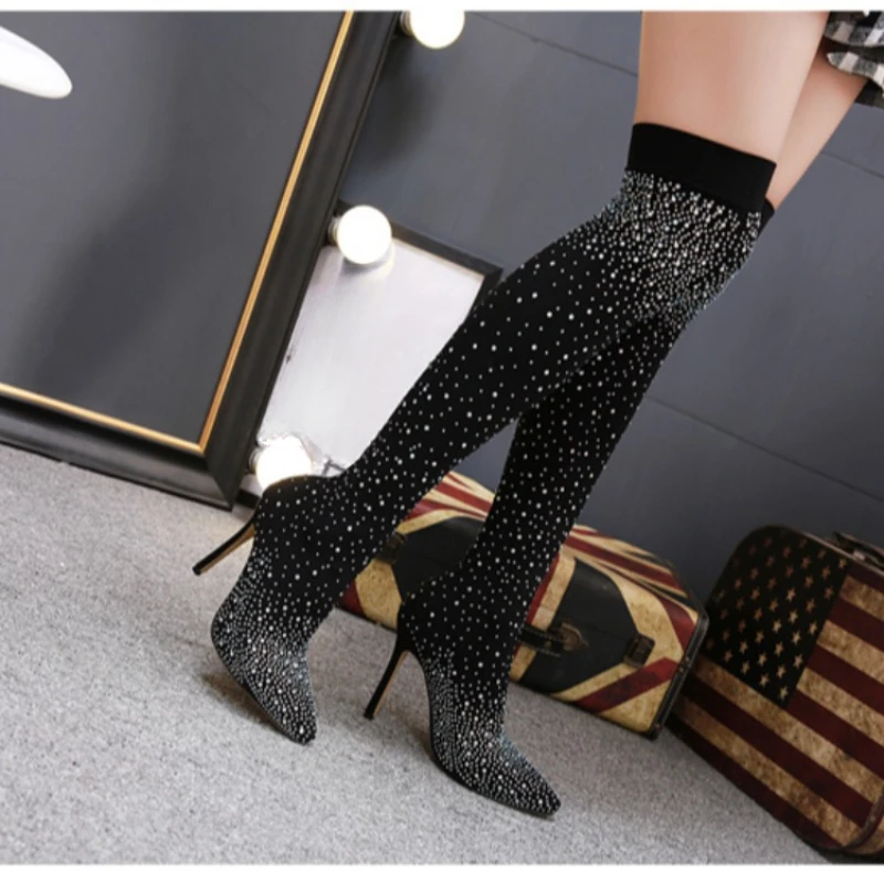 Woman Rhinestone Shoes Pointed Toe Sexy High Heels Plus Size 43. Thigh High Sock Knee Boots Luxury 2024 summer new De Mujer