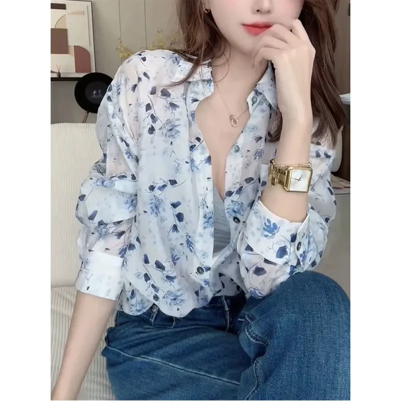 

Temperament Floral Thin Blouse New Summer Elegant Long Sleeve Polo Neck Loose Office Shirt Tops Fashion Vintage Women Clothing