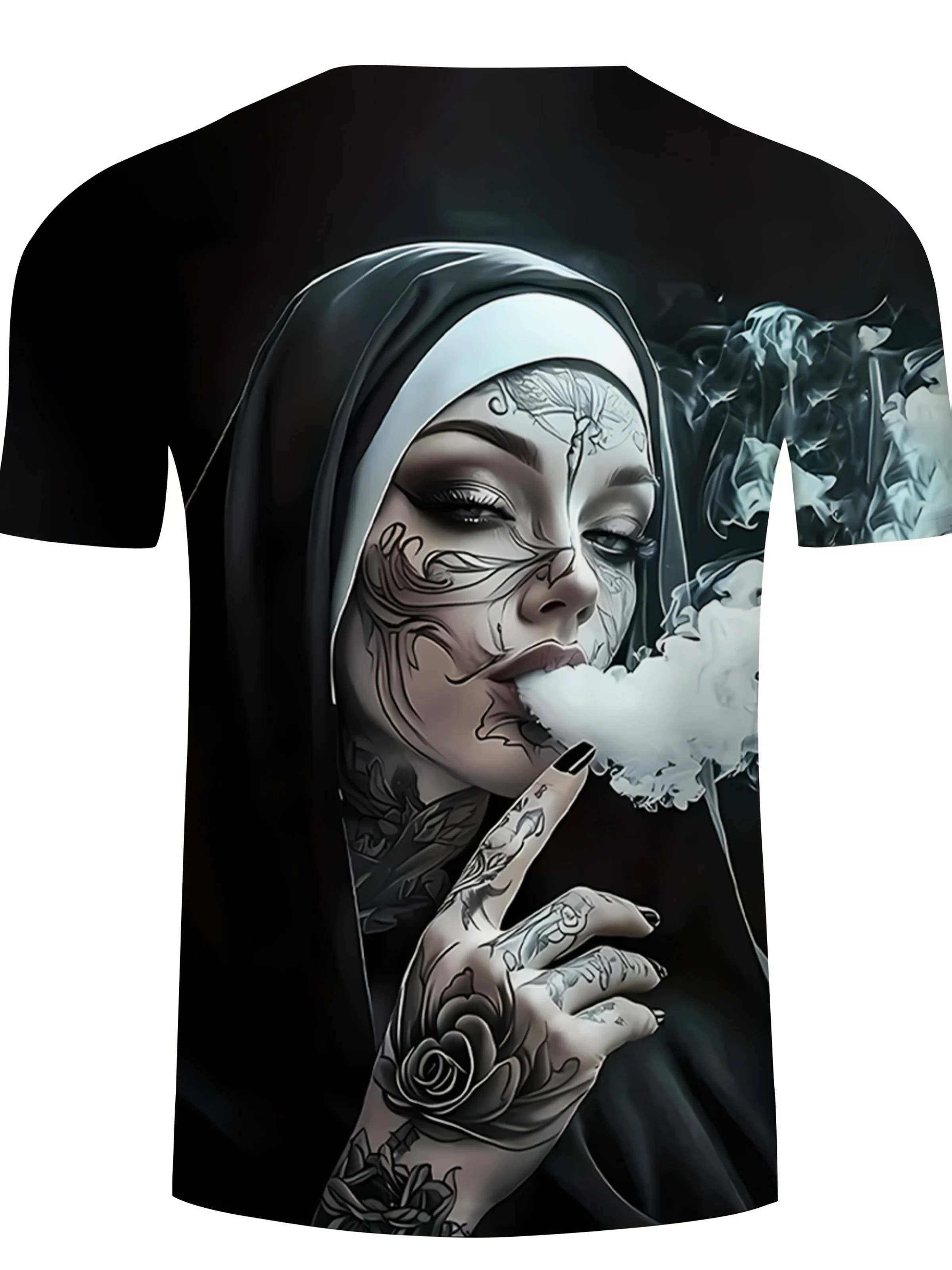 Men's 3D Graphic T-Shirt - Black Casual Summer Tee with Smoking Nun Design Short Sleeves Polyester Blend Machine Washable