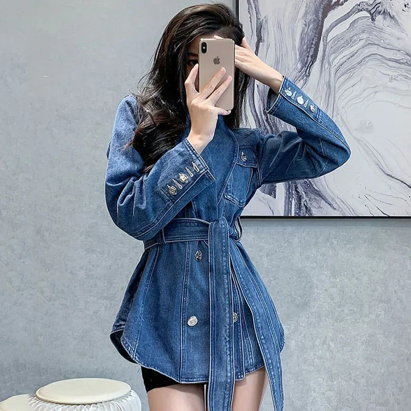 New Fashion High Grade Womens Denim Jacket Spring Autumn Casual Basic Coat Female Korean Loose Motorcycle Jackets Belt Blue Tide