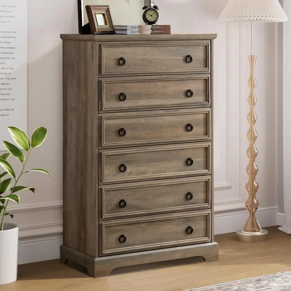 6-Drawer Tall Dresser Chest Wood Cabinet Bedroom Organization Gray Wash Smooth Gliding Drawers Sturdy Construction Easy Assembly