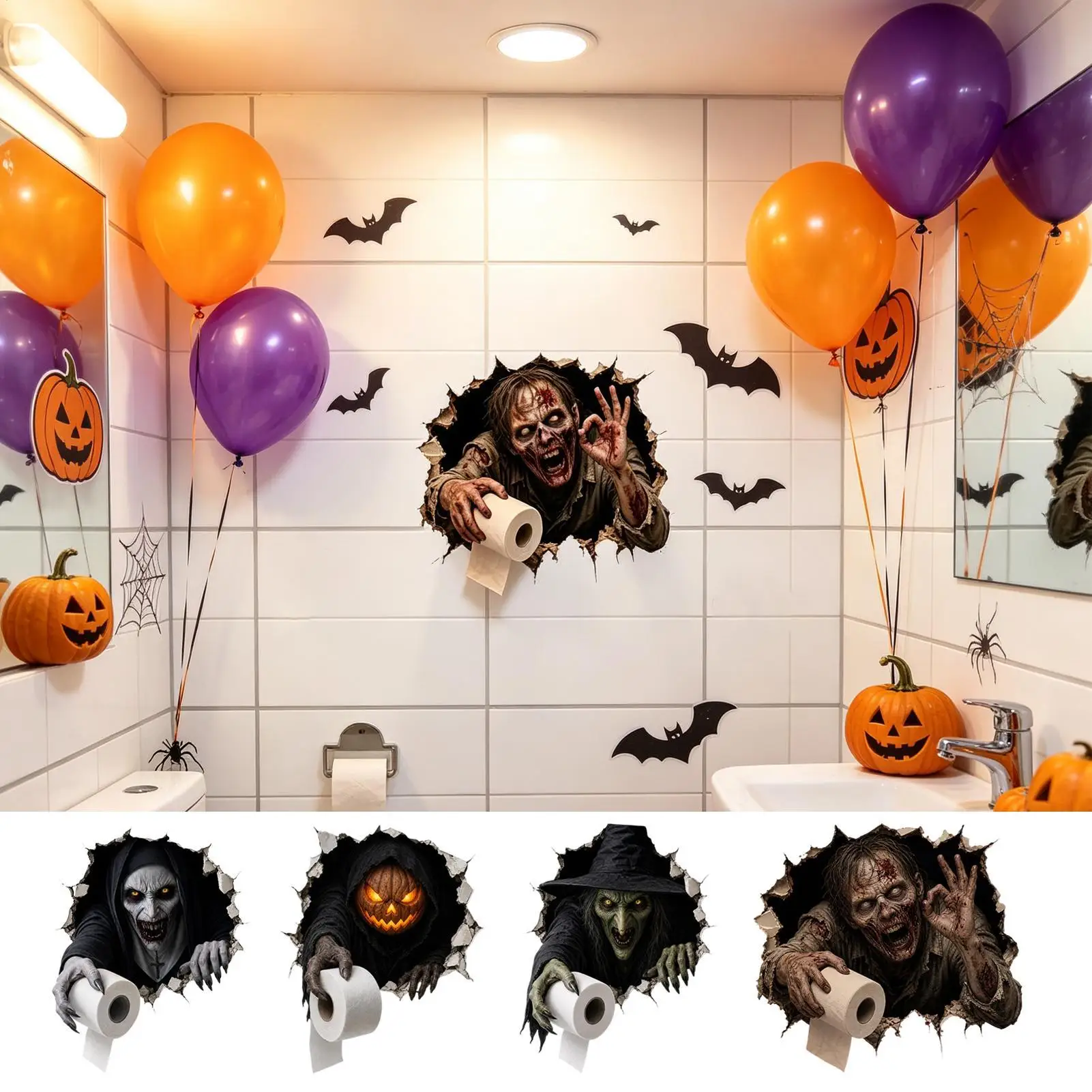 Halloween Toilet Stickers Holiday Horror Bathroom Decal Break Through Wall Toilet Tank Sticker for Indoor Home Apartment