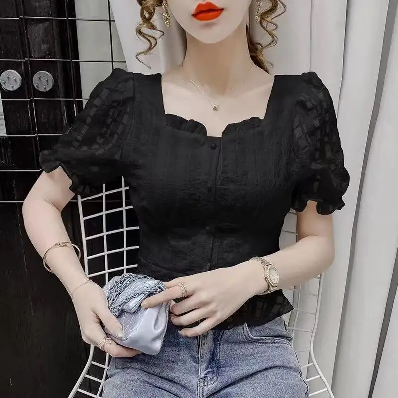 New Women\'s Korean Fashion Ruffle Elegant Sweet Shirt Summer Square Collar Solid Slim Chic Blouse Casual Short Sleeve Fairy Tops