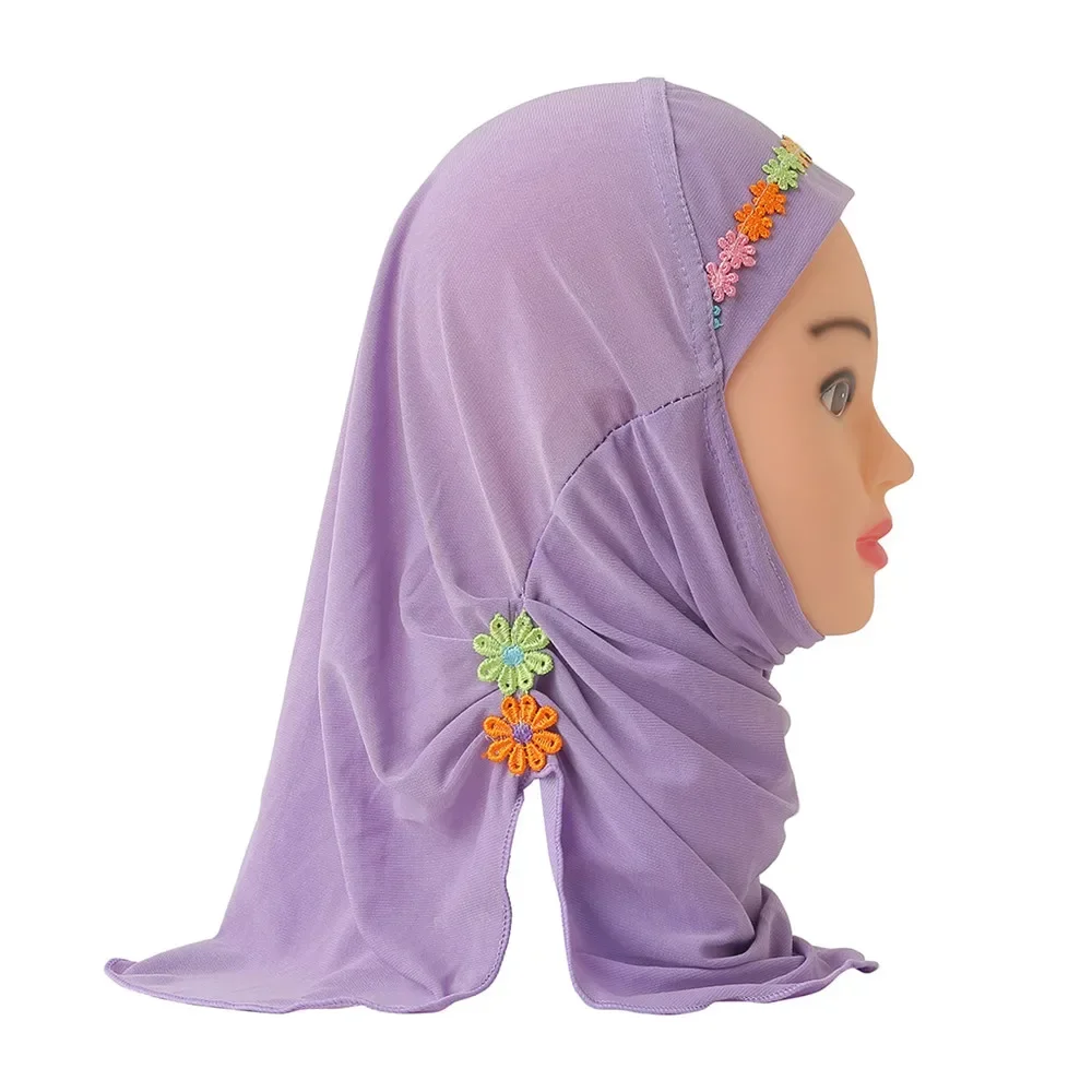 12pcs Girls Kids Muslim Beautiful Hijab Islam Arab Scarf Shawls Flower Wrap Shawl Head Scarf Amira Hijab Cap Full Cover 2-6Y