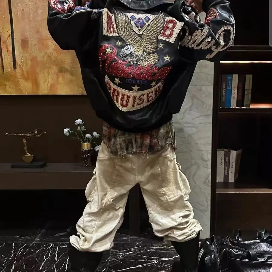 Heavy Industry Embroidery American Retro Jackets Motorcycle Coat Trendy Brand Stand Up Collar Flight Jacket Leather Coat