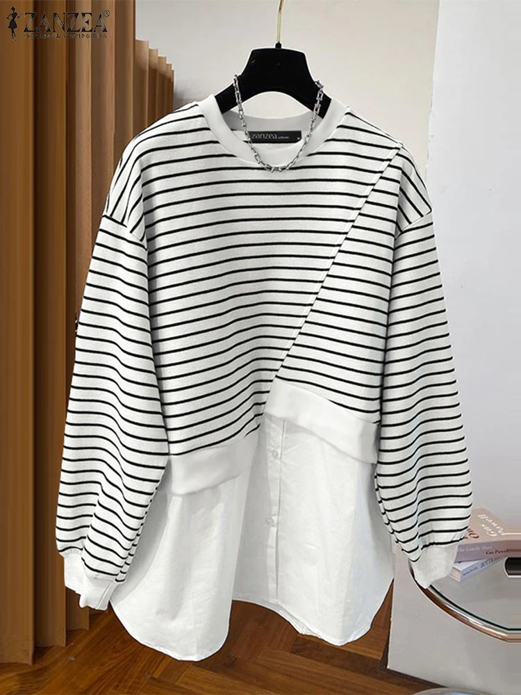 ZANZEA Casual Long Sleeve Sweatshirts 2024 Women Round Neck Tops Autumn Stripes Patchwork Jumpers Fashion Loose Daily Pullovers