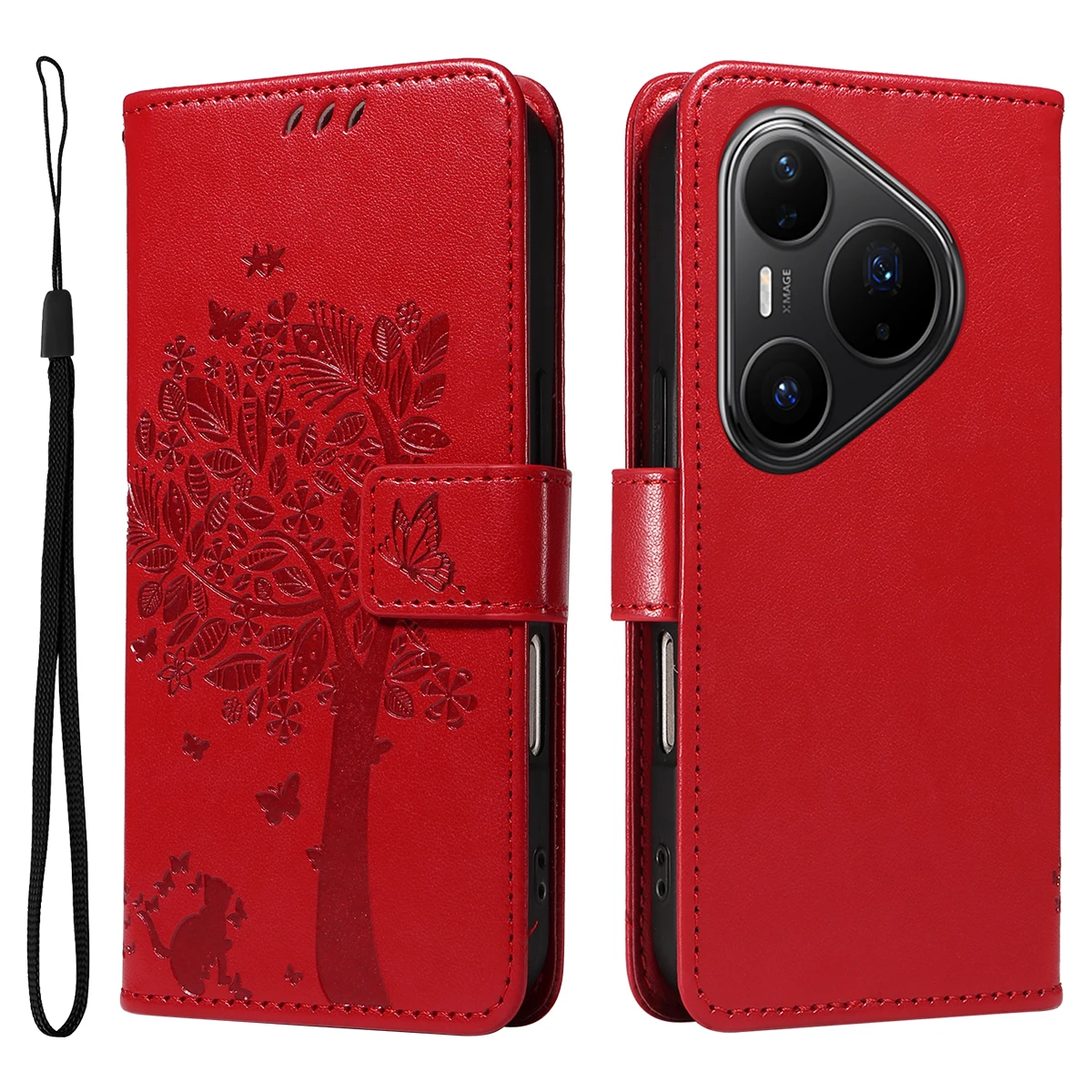 Para Huawei Pura 80 Pro + / Huawei Pura 80 Pro Capa de telefone com suporte Cat Tree Padrão Carteira de couro Capa móvel - Vermelho