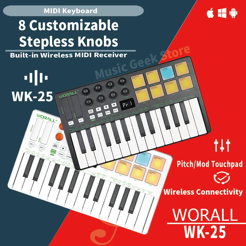 WORALL WK-25 Wireless MIDI Controller Built-in Arpeggiator, Smart Chord, Custom Knobs, Touchpad, for PC/Phone/Tablet