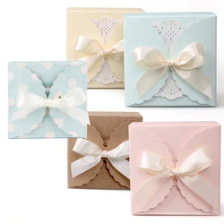 10 pcs White Pink Light Blue Beige Kraft Paper Bag Bronzing Thank You Gift Box Package Wedding Party Favor Candy Bags With Ribbo