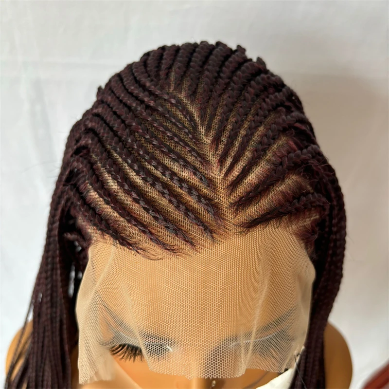 Ombre Burgundy 13x6 Lace Frontal Braids Wig Synthetic 99J Color Cornrow Braided Lace Front Wig Glueless Wine Red Braiding Wig