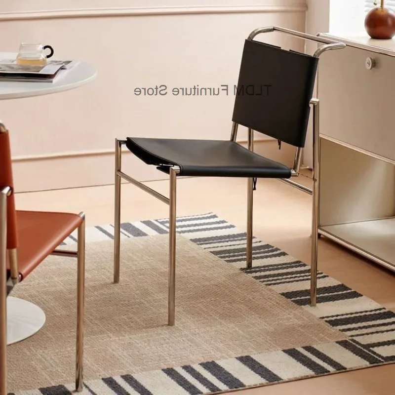Chair, Nordic Light Minimalist Metal Sling Dining Chair, Leather Ins Luxury Backrest Chair for Cafe Living Room