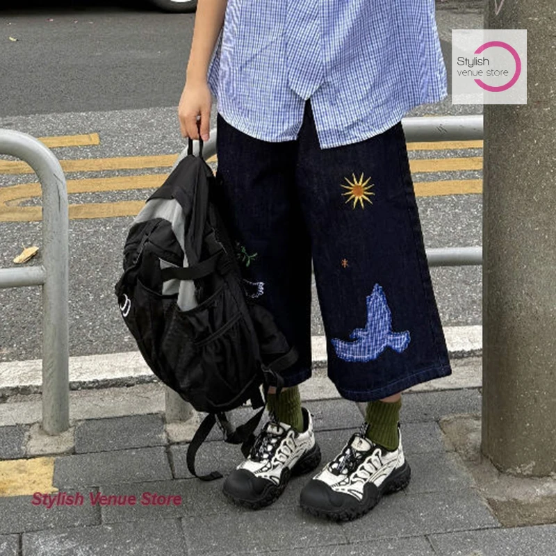 American Joker Fun Embroidery Design Jeans cropped pants female American high street fashion loose casual wide-leg shorts