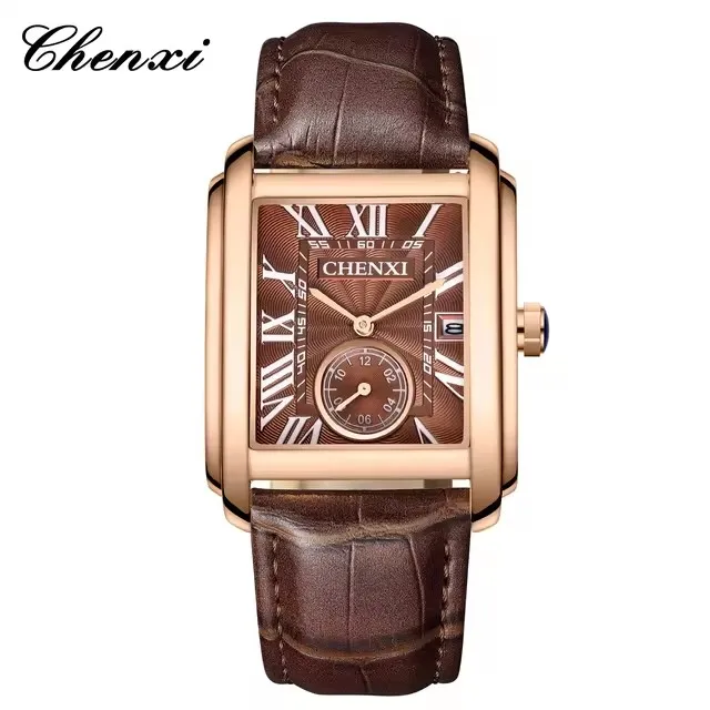 CHENXI 8216 Herren-Quarzuhr, Schwarz, Blau, Braun, quadratische Uhr, modisch, schlichtes Datum, Lederarmband, Armbanduhr für Männer, Geschenk