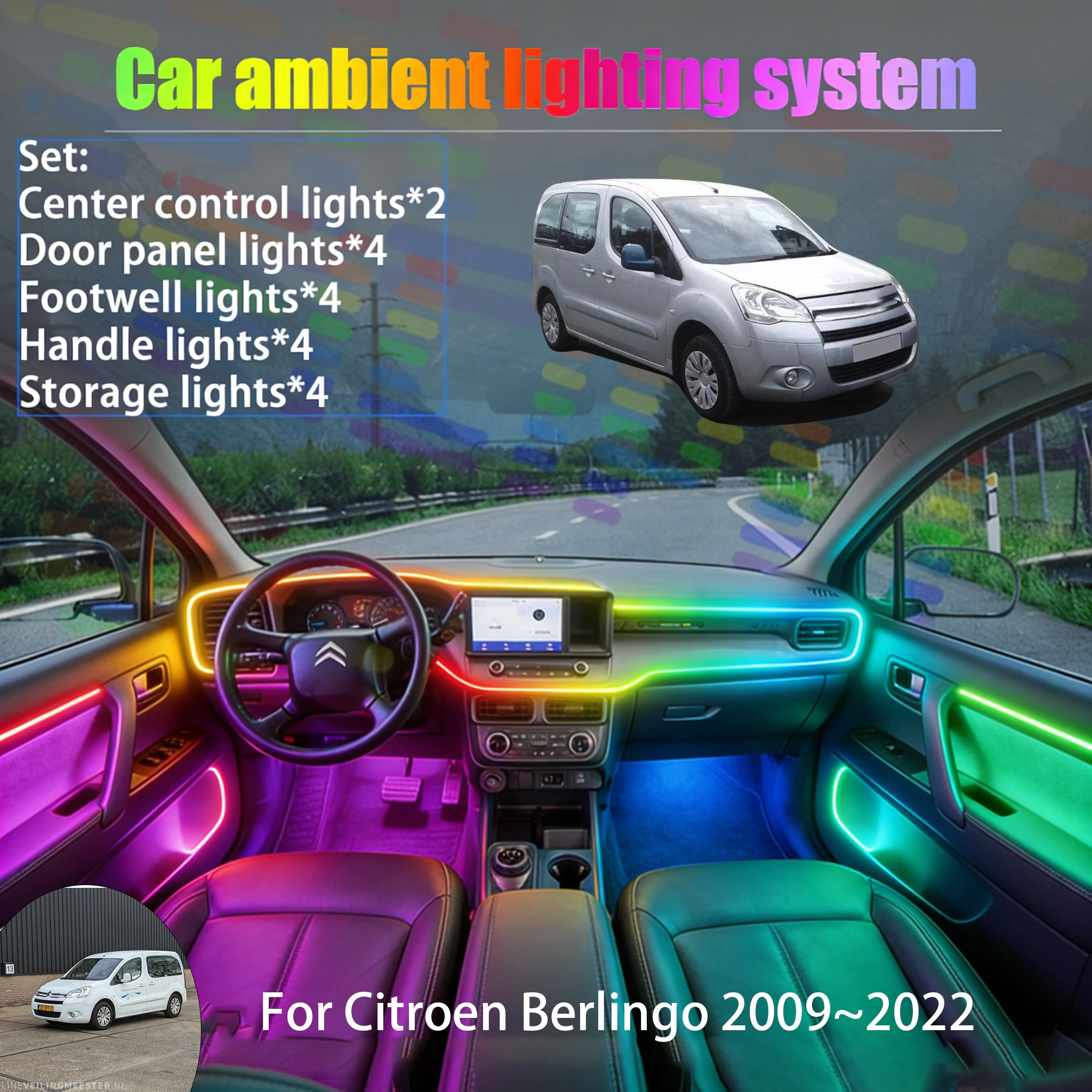 

Для Citroën Berlingo 2009~2022 MK2 2/18 в 1: Комплект светодиодной подсветки салона и багажника USB RGB с эффектом потока