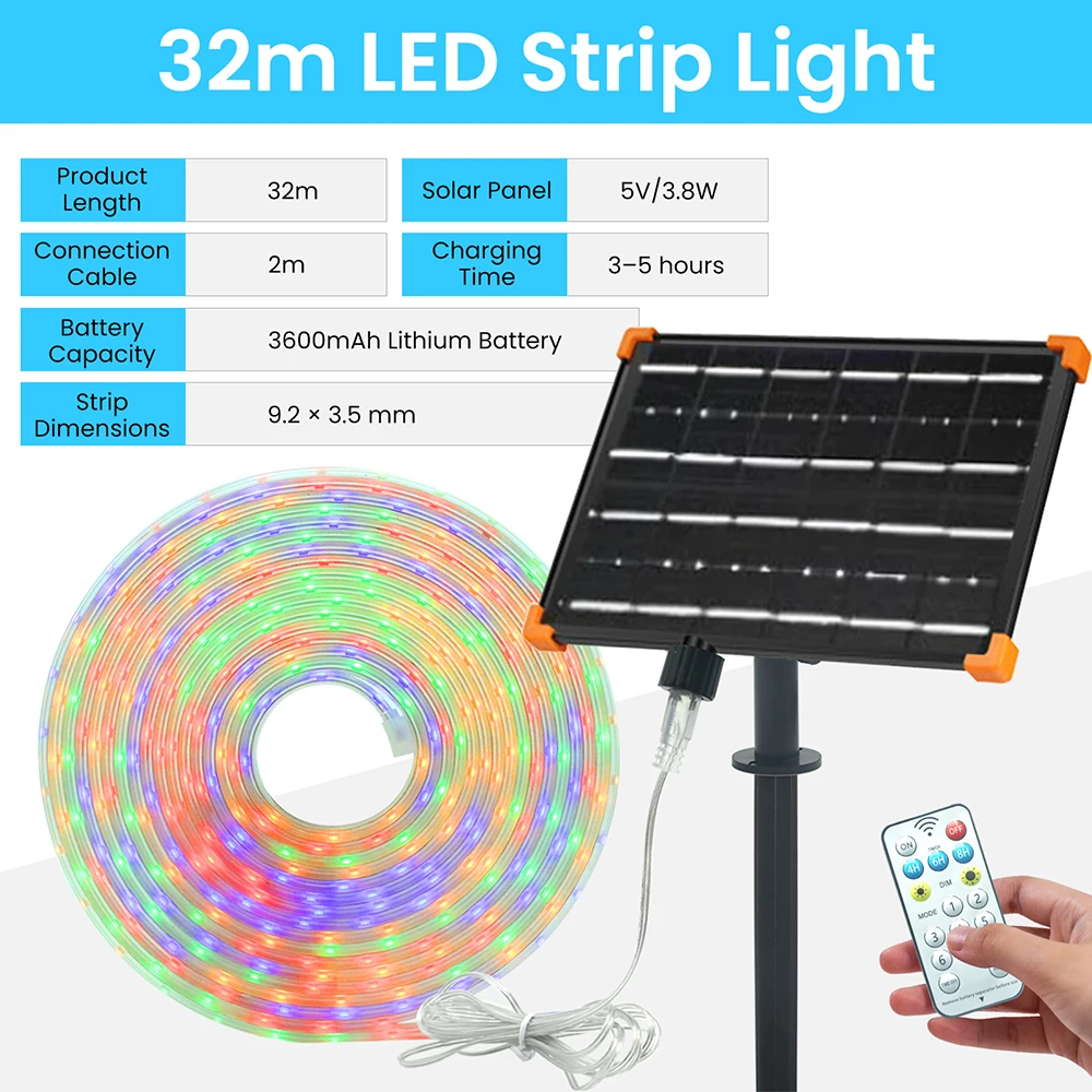 RGB Warm White Solar LED Strip 3m 5m 10m 15m 20m 30m 2835 64LED/m 24V Waterproof Flex Light for Garden Party Holiday Decoration