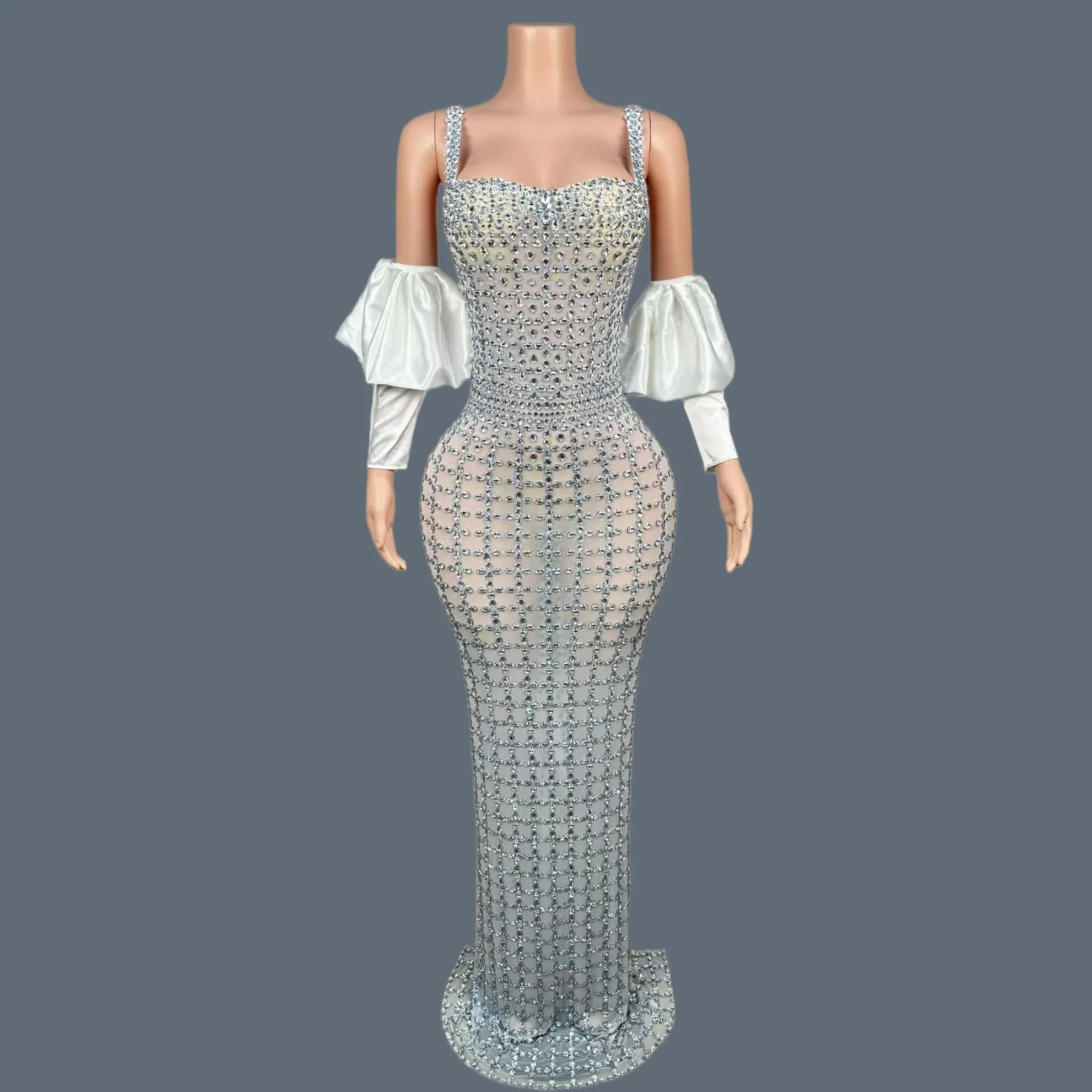 

Women Outfit Transparent Mesh Evening Gown With Gloves Gala Prom Elegant Formal Sparkly Crystals High-end Sexy Dresses huarui