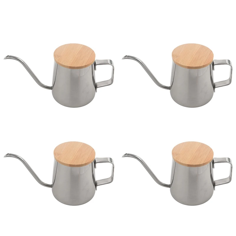 4X 350Ml Long Narrow Spout Coffee Pot Gooseneck Kettle Stainless Steel Hand Drip Kettle With Wooden Cover