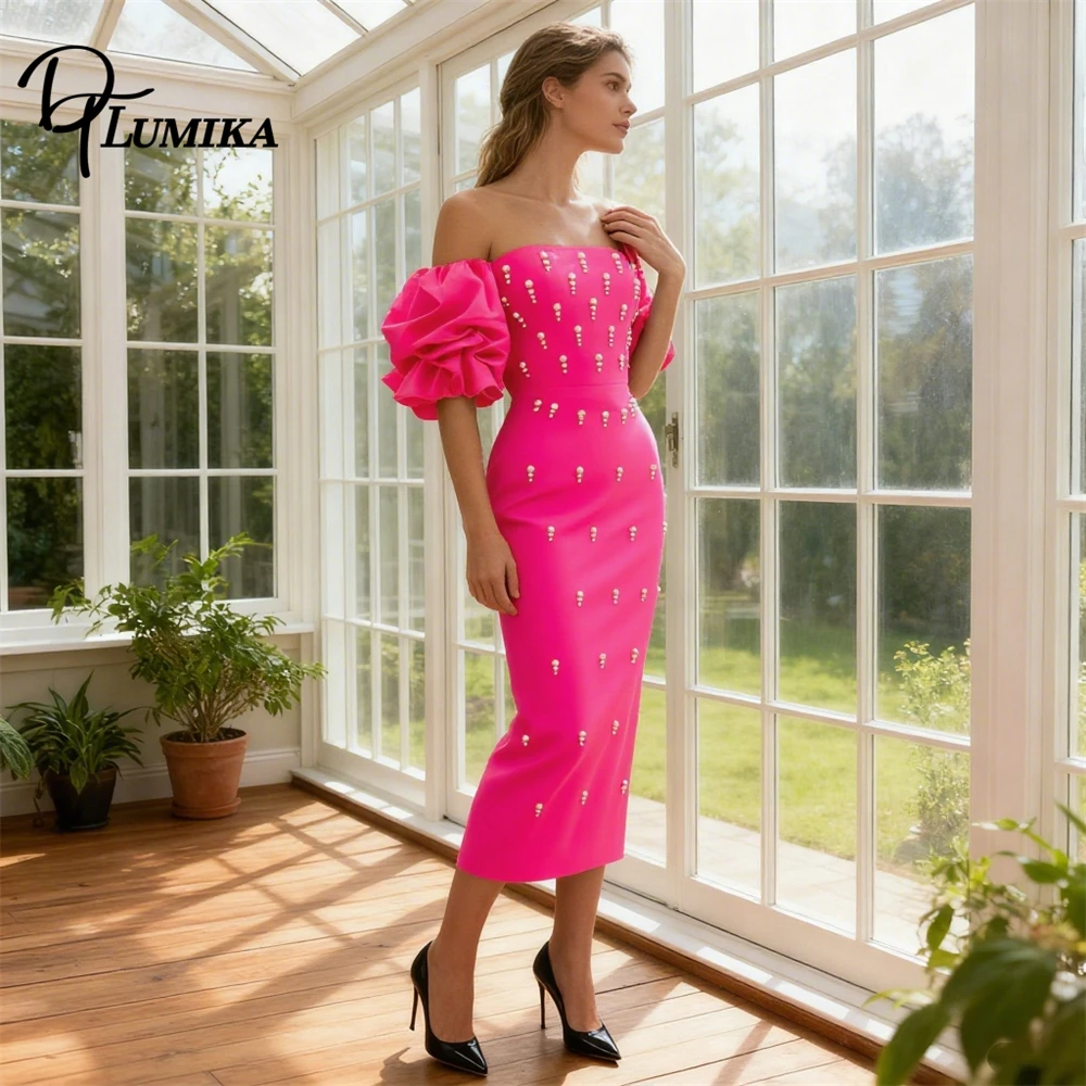 DTLumika Pearls Sheath Formal Dress for Women, Off Shoulder Tailored Evening Dresses, Wedding Guest Birthday Party Gown