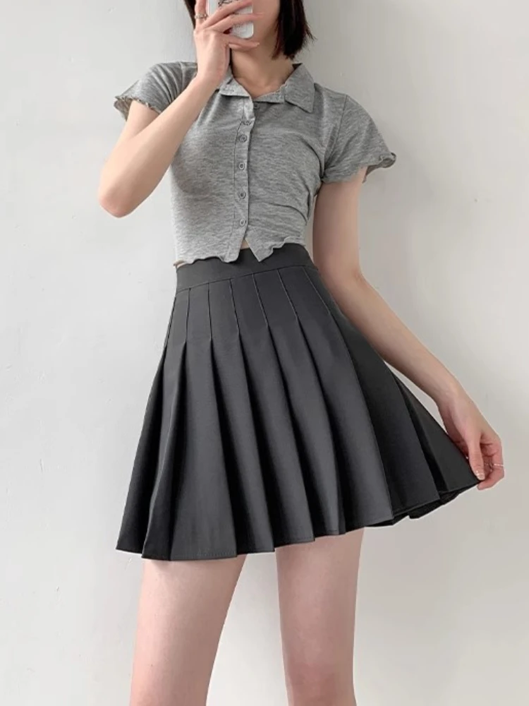 HOUZHOU Women Pleated Mini Skirt Preppy Style High Waist A-line Sexy Cute Black Grey Skirt Shorts Y2K Skort School Uniform