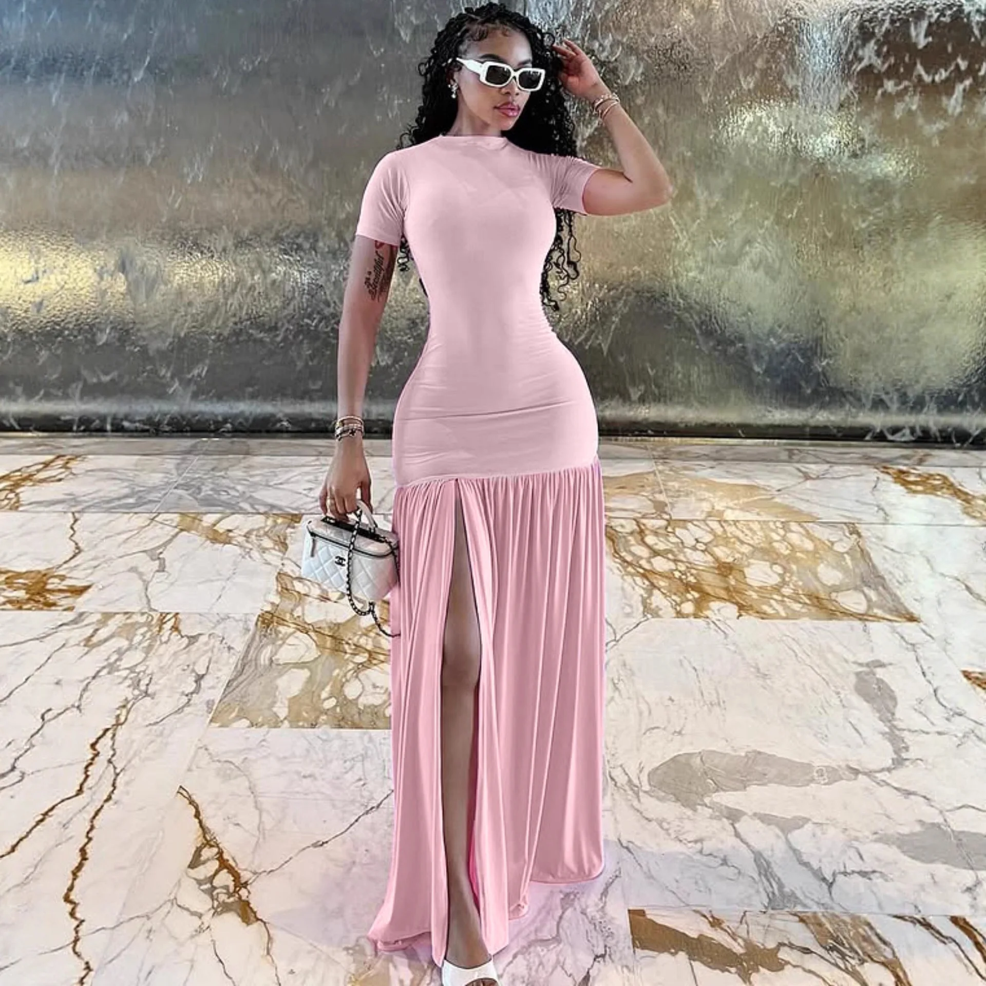 

Long Dress Women Dresses Vestidos Y2k Streetwear Round Neck Short Sleeve Elegant Splice Party Night Work High Waist Slim Fit