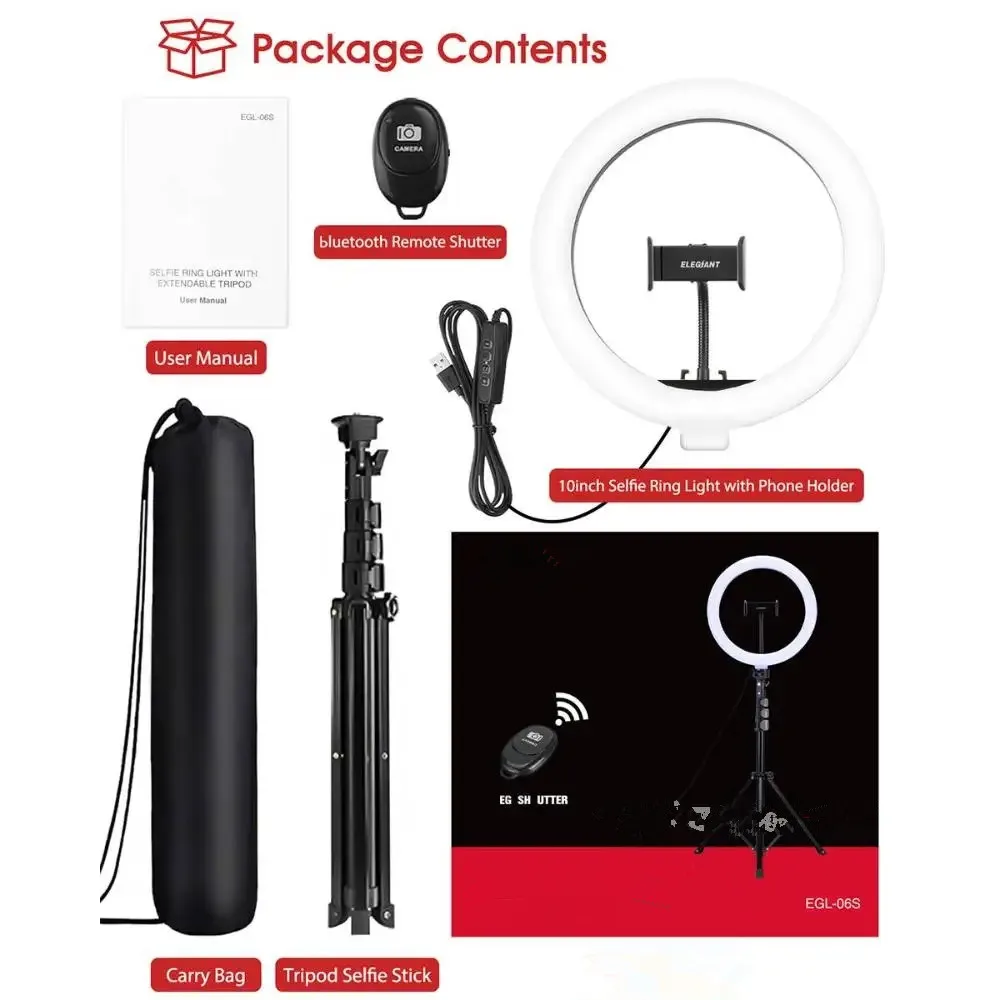 10 Inch Ring Lamp Selfie Ring Light with Tripod LED USB Phone Holder for Tiktok YouTube Live Streaming Makeup Video Photography