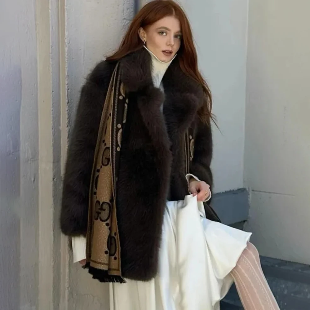 투울라로즈 여성 우아한 인조 모피 코트 따뜻하고 푹신한 루즈핏 긴 소매 라펠 재킷 가을 겨울 패션 하이 스트리트 여성 아우터웨어