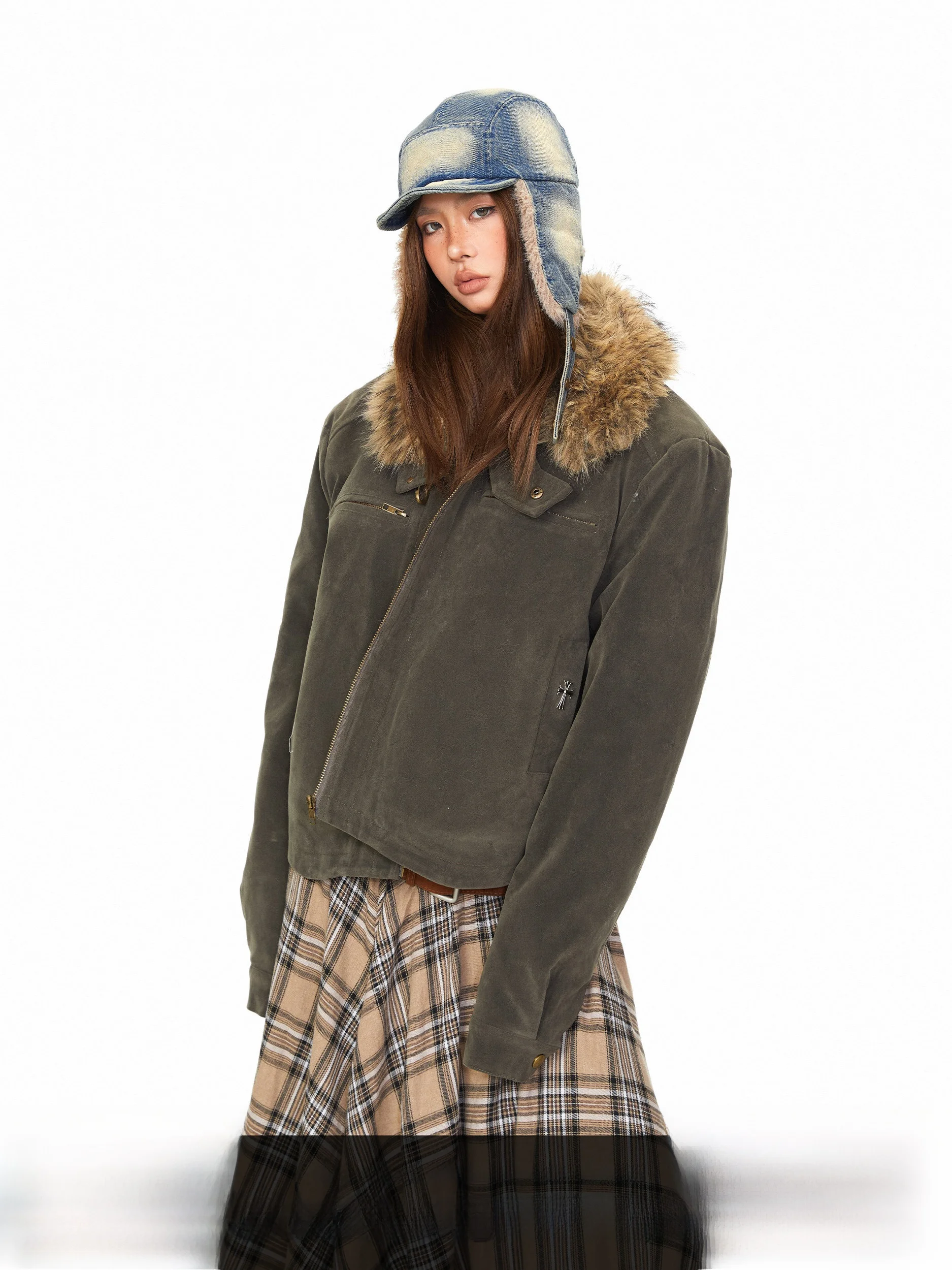 

Blabb Suede Fur Collar Workwear Jaet Cotton Coat Women's Autumn Winter Loose Warm Outerwear Vintage Sle Zipper Closure
