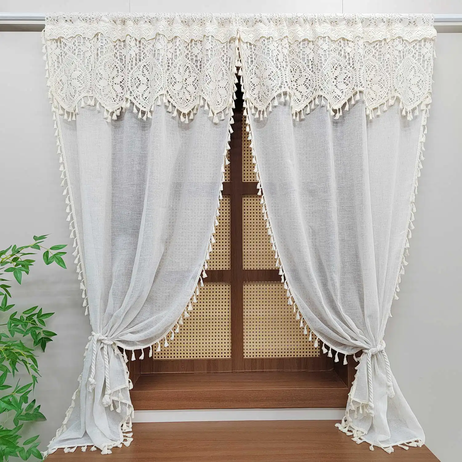 Bohemian-Style Beige Linen Curtains,With Valance And Tassels Sheer Voile For Living Rooms,Bedrooms,Soft-Toned Home Window Drapes