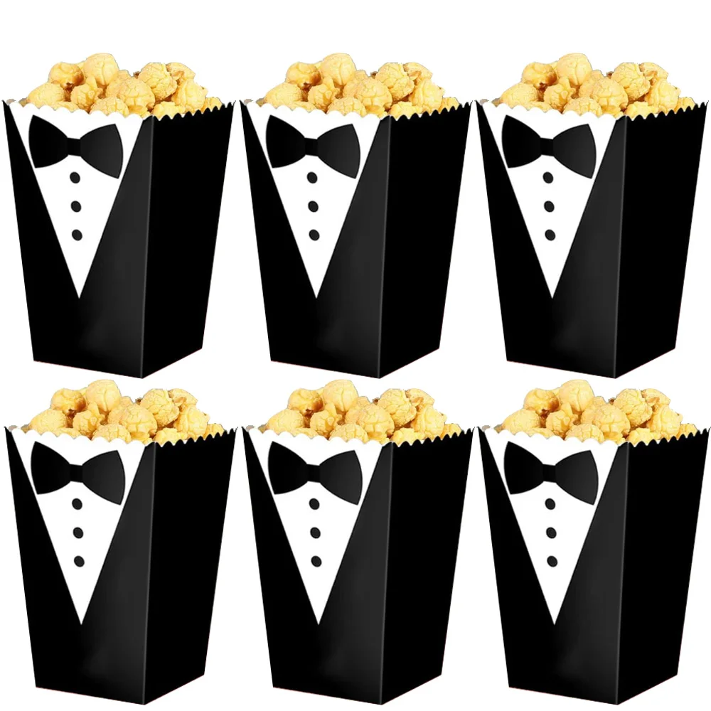 6-42 Stück Baby-Smoking-Popcornboxen mit schwarzer Krawatte und Hemdmuster, Snacktüten, Süßigkeiten- und Lebensmittelbehälter für Baby-Partyzubehör, Hochzeitsdekoration – Detail 2