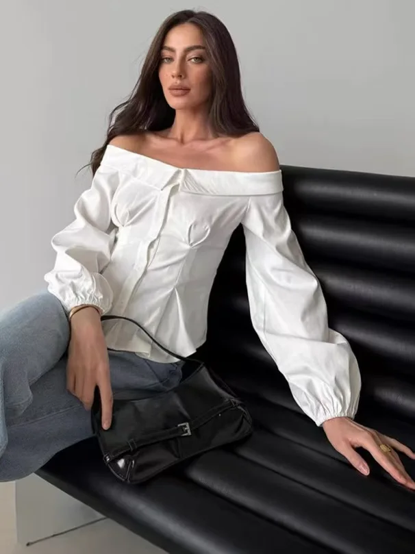 Seksowny top z odkrytymi ramionami, na jedno ramię, modny, uniwersalny, długi rękaw, dopasowany krój, do pracy, elegancki, jednolity kolor, zapinany na guziki.