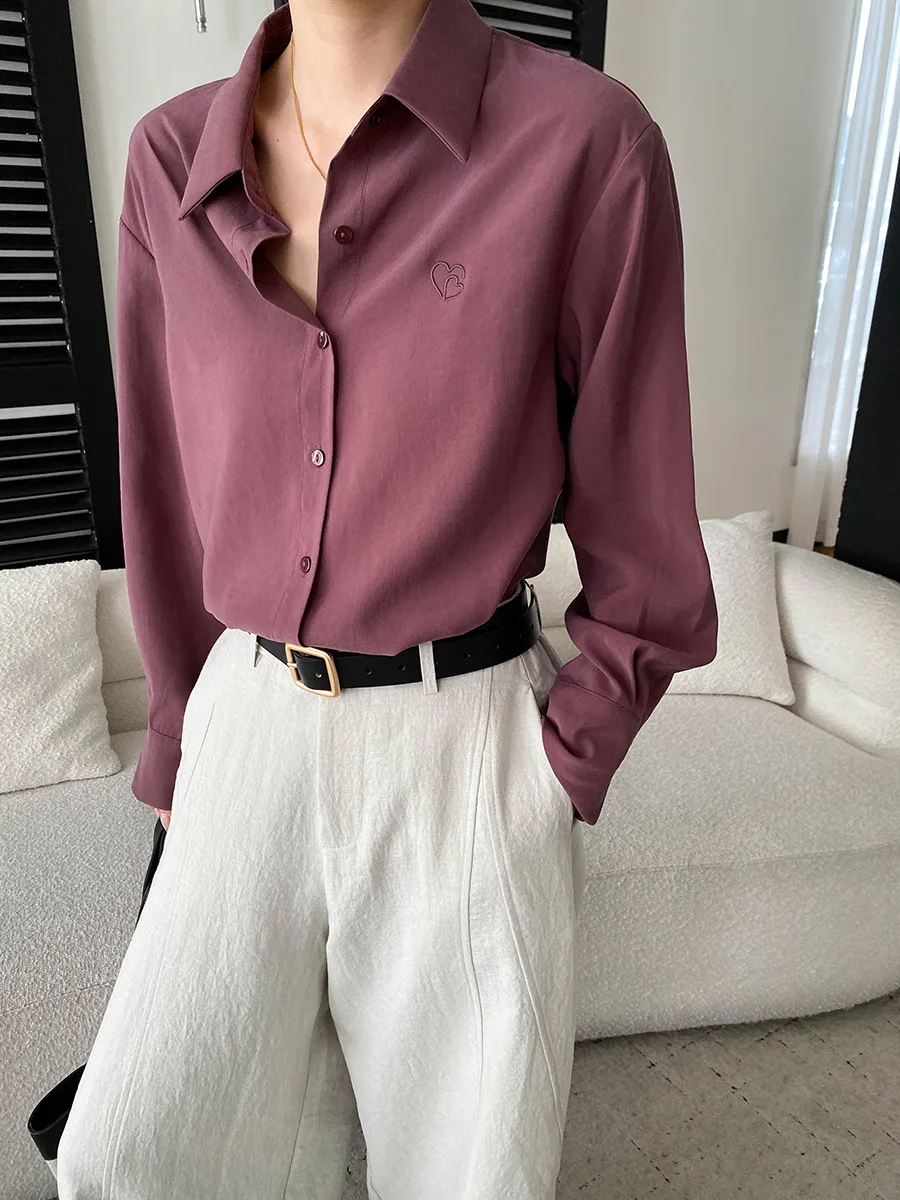 Autumn new small heart embroidered lapel loose slimming long sleeved shirt
