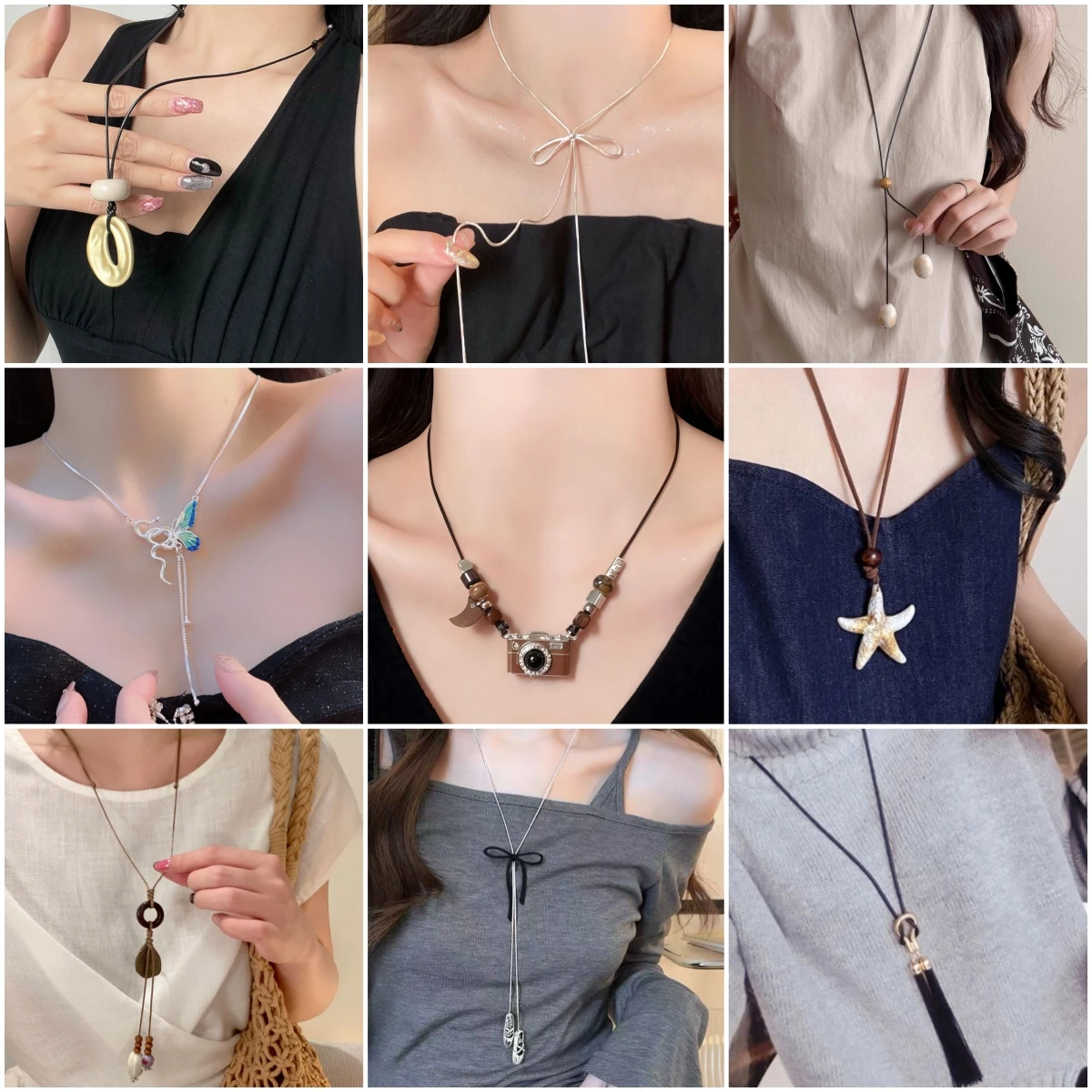 Trendy Long Rope Chain Necklace for Women Camera Bow Oval Butterfly Starfish Pendant Necklaces Sweater Tassel Adjustable Jewelry