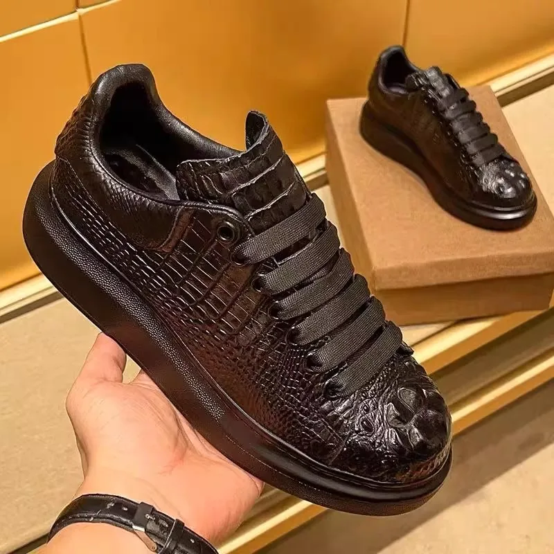 

New summer crocodile print black men's breathable shoes running casual sports board shoes natural cowhide soft sole shoes A3
