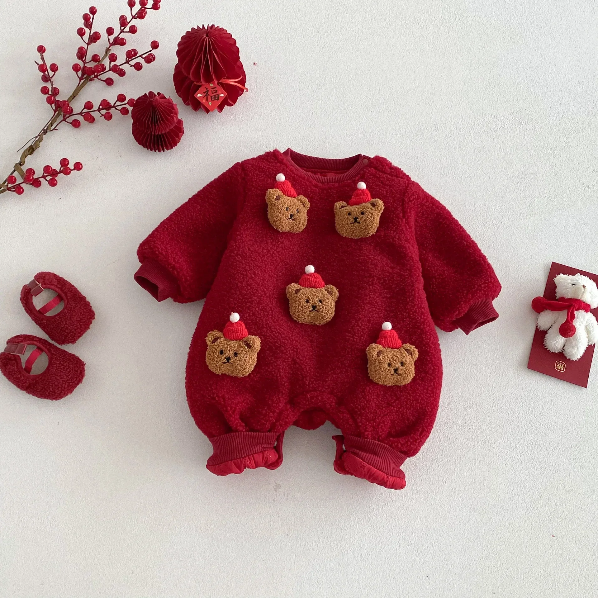 

2025 Newborn Baby Christmas Bear Red Jumpsuit Winter Padded New Year Outfit 0-2Y Baby Boys Girls Infant Warm Clothes