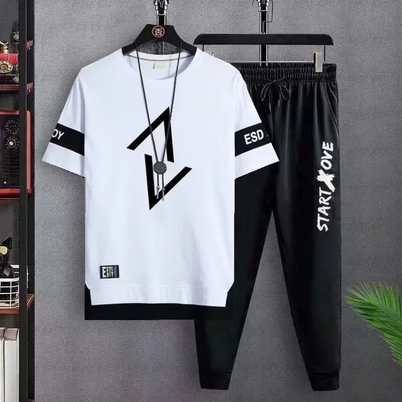 Men Set for Men Clothes Casual T Shirt Summer Black Sports Set Round Neck T-shirt  Print Hooded Top Short Pants Two-piece Set