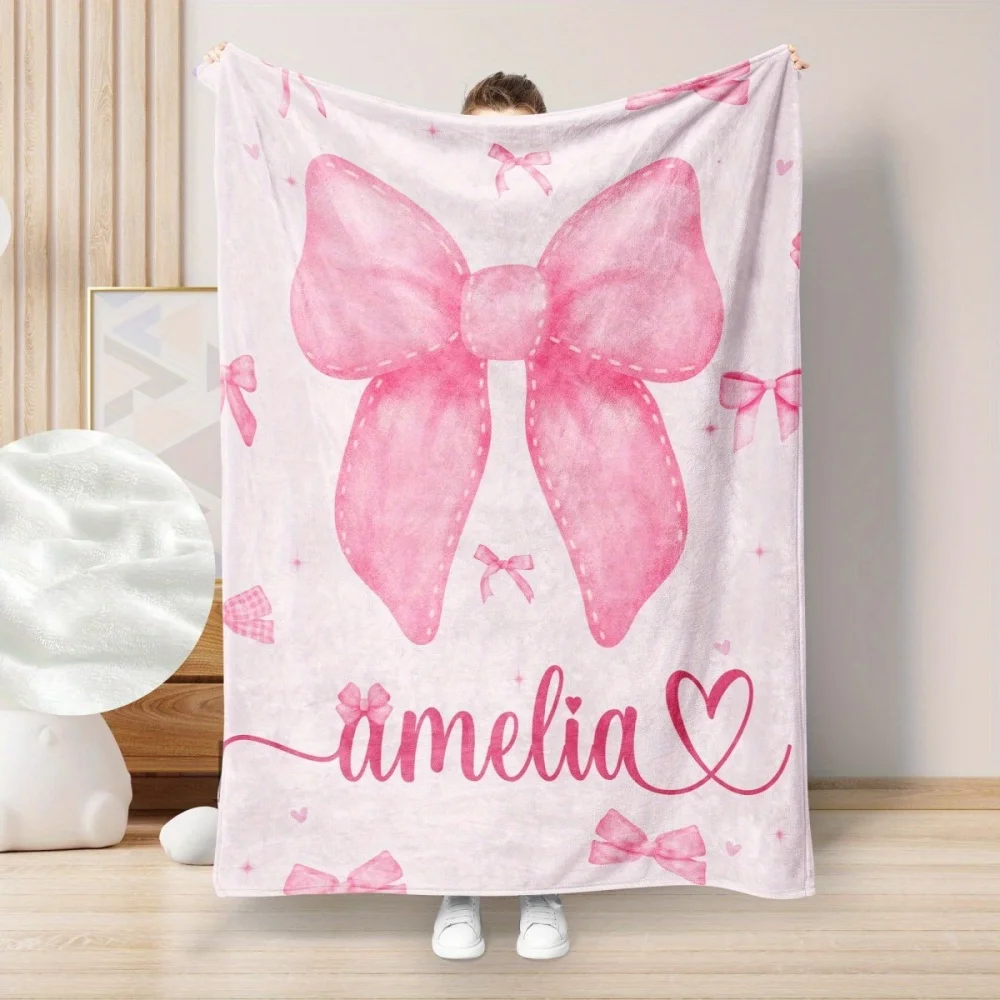 1Pc Personalized Custom Text Bow Pattern Flannel Blanket,Soft and Comfortable,Suitable for Office, Home, Unique Souvenir Present