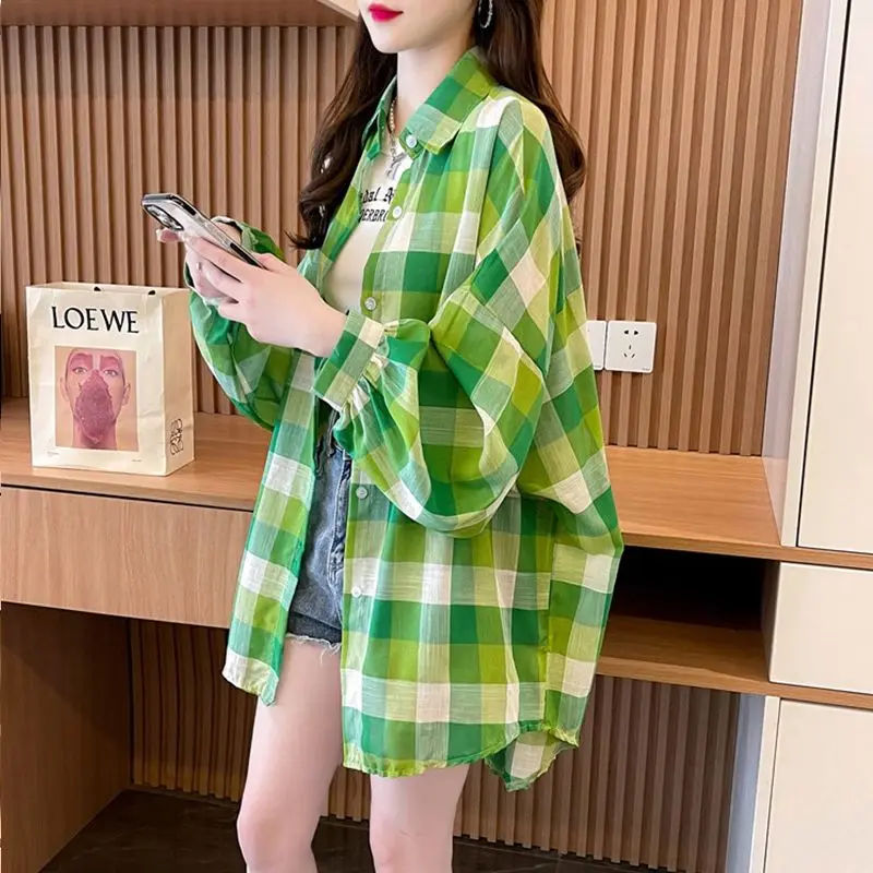 Women\'s Clothing Korean Plaid Loose Blouse Contrasting Colors Spring Summer Thin Long Sleeve Casual Basic Single-breasted Shirt