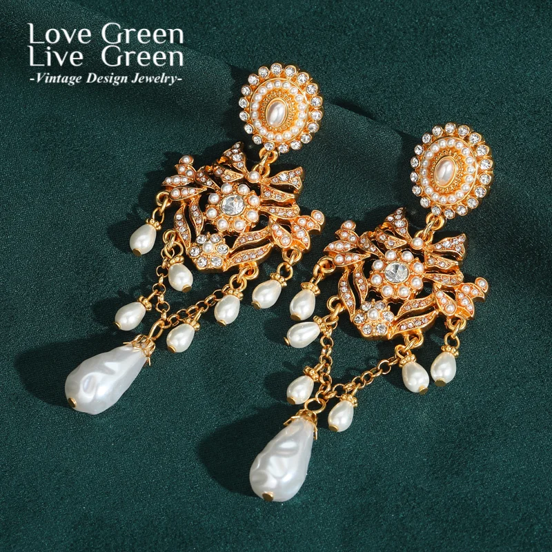 

Baroque Retro Pearl Dangle Earrings Vintage Gold Color Antique Palace Gothic Tassels Rhinestones Luxury Jewelry Designer Wedding