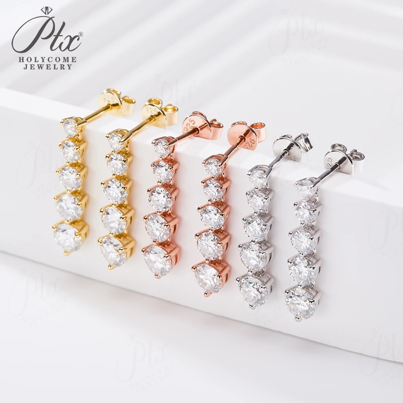 

TEN STONES Ear Stud Piercing Earrings Round Shape Moissanite 925 Sterling Silver Tassel Pendant Jewelry for Woman Top Quality