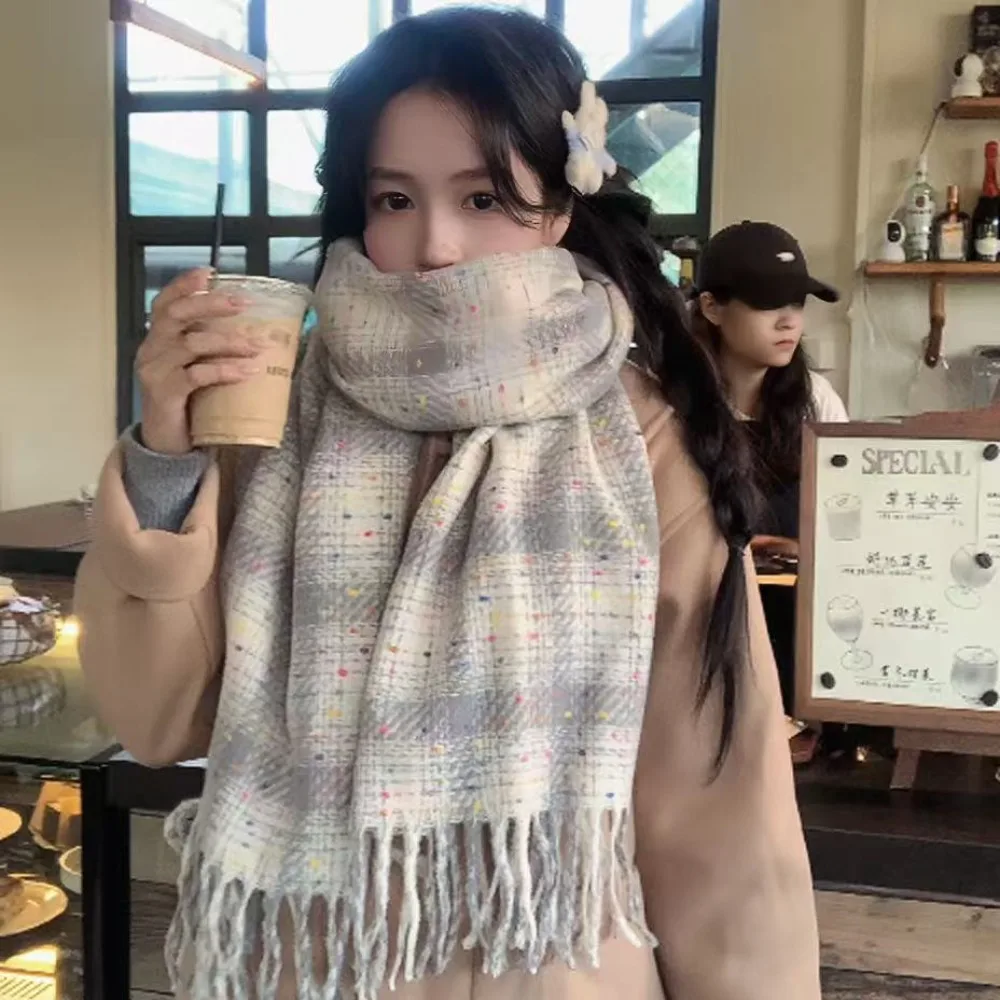 

Модный зимний теплый клетчатый шарф, ветрозащитный мягкий длинный шарф с кисточками, красочный горошек, толстая женская шаль и накидка