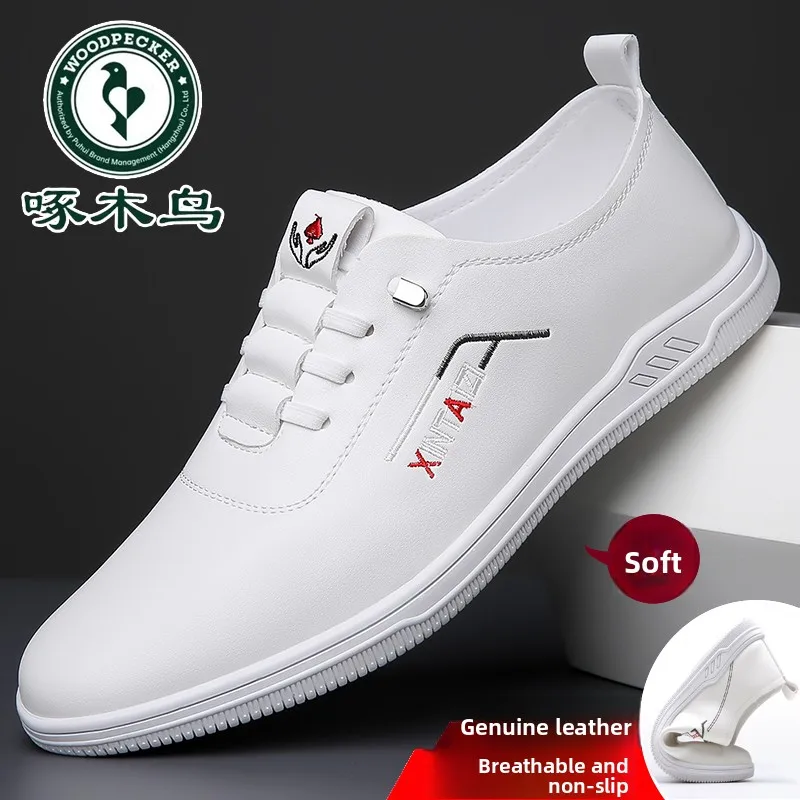 

Мужские повседневные туфли из натуральной кожи, мягкие, нескользящие, без шнурков, модные, удобные, дышащие, с круглым носком, на плоской подошве