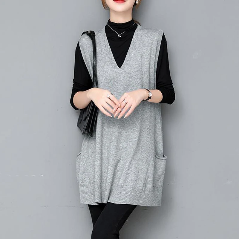 Spring Autumn Women Korean Style Simple Elegant V Neck Sleeveless Knitted Sweater Vest Female Casual Solid Loose Tunic Waistcoat