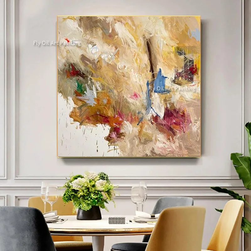 100% Hand Painted Abstract Yellow Beige Oil Painting Graffiti Style Color Collision Abstract Canvas Art For Decor As Best Gift