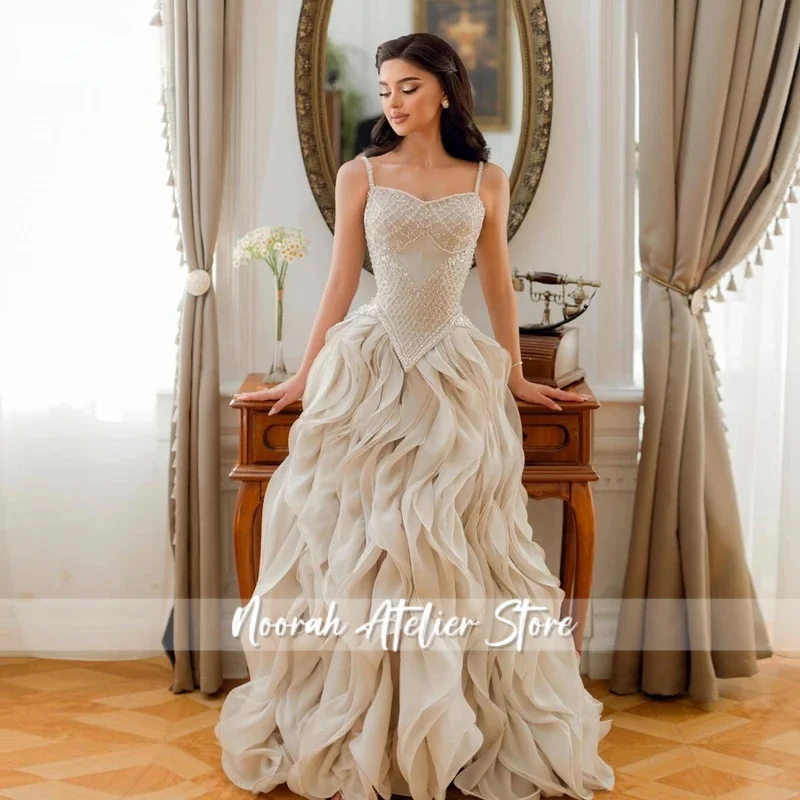 

Attractive Ruffles Eveining Dresses Beads Dubai Elegant Slit A-line Party Dresses Brush Train Vestidos Customized