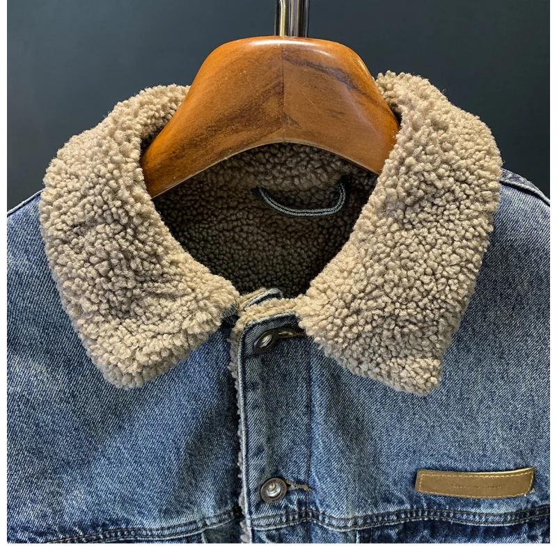 

Толстая джинсовая куртка с добавлением флиса для мужского зимнего тепло, мужская одежда, американская куртка в стиле ретро плюс с воротником