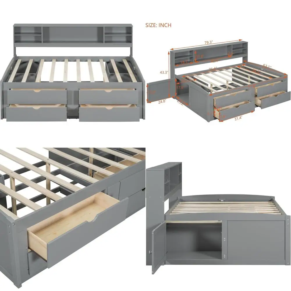 

Серая кушетка с ящиками для хранения, книжной полкой и местом для хранения под кроватью для детей и взрослых